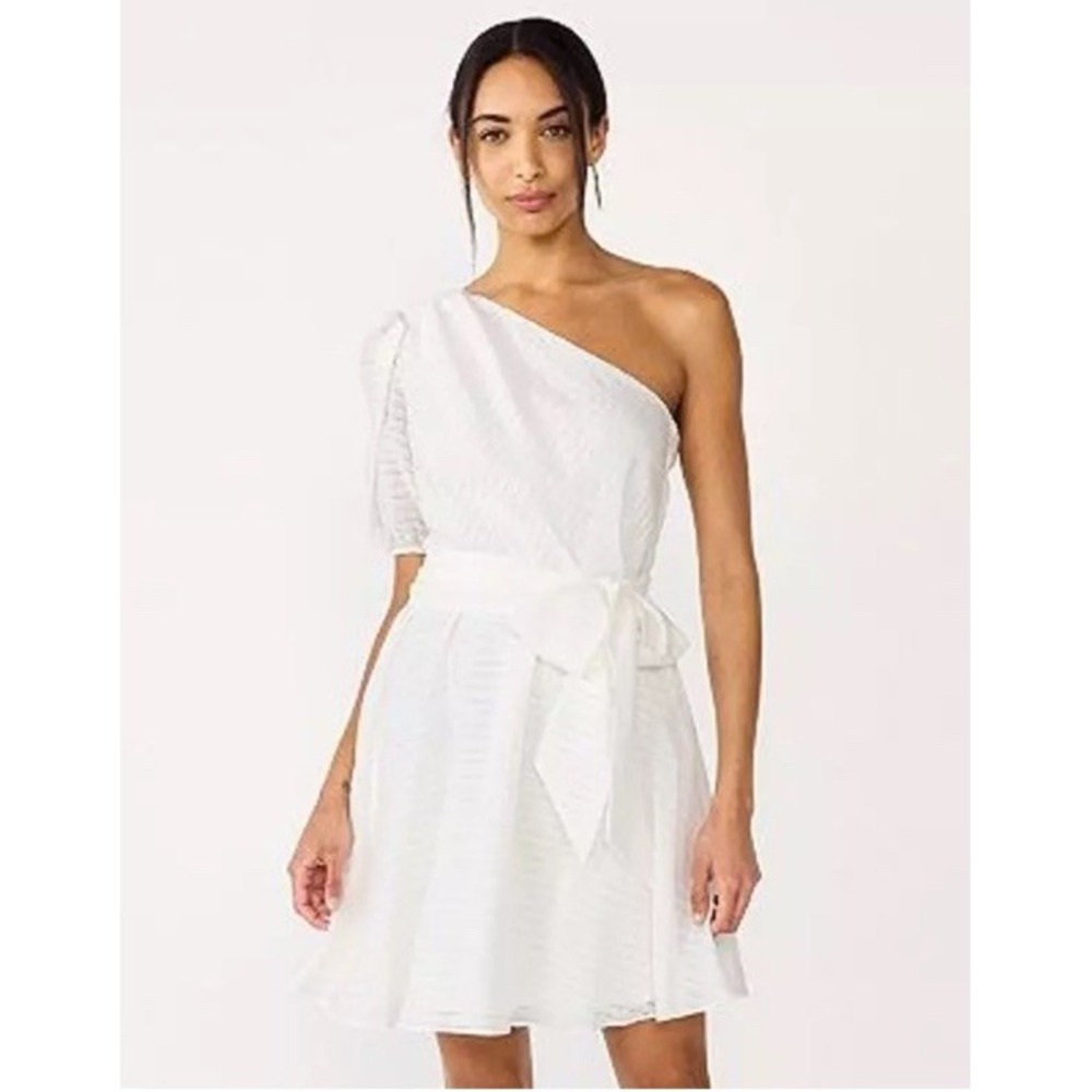 Nine West Dress Wm S White One Shoulder Short Flare Cocktail LWD Bachelorette‎